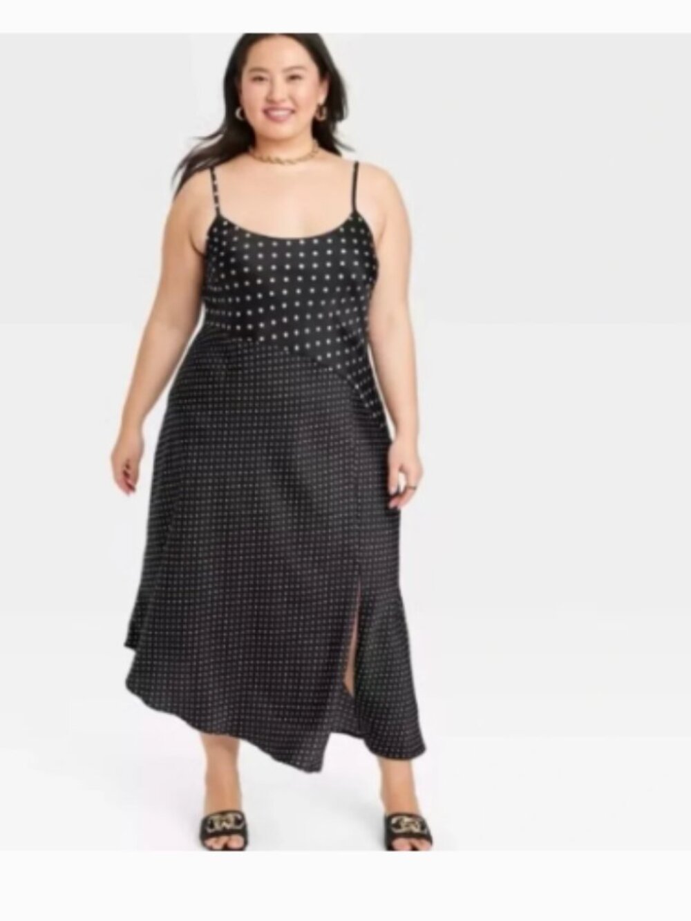 A New Day Women’s Sz XXL Midi Dress Black White Polka Dots Front Slit Asymmetric